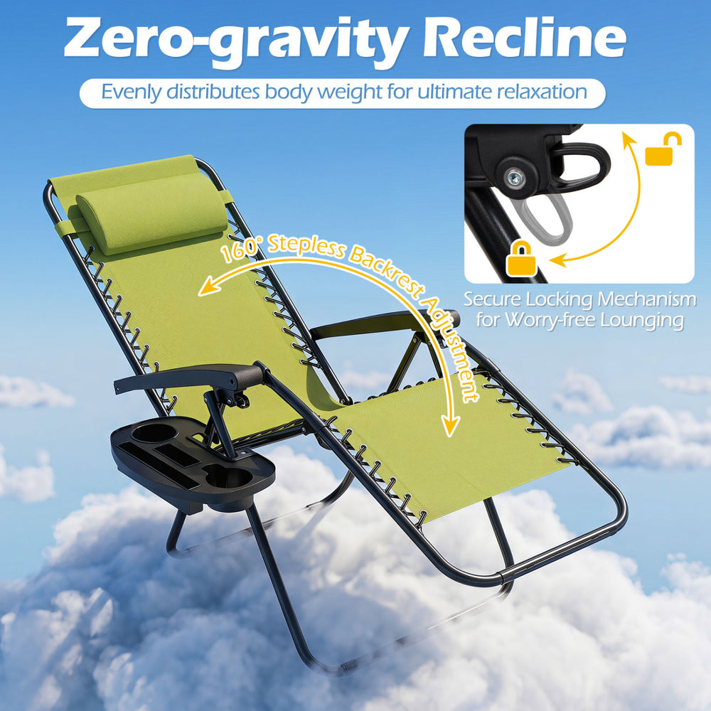 Portable zero-gravity chair in gray with adjustable backrest, cup holder tray, and breathable fabric for outdoor.