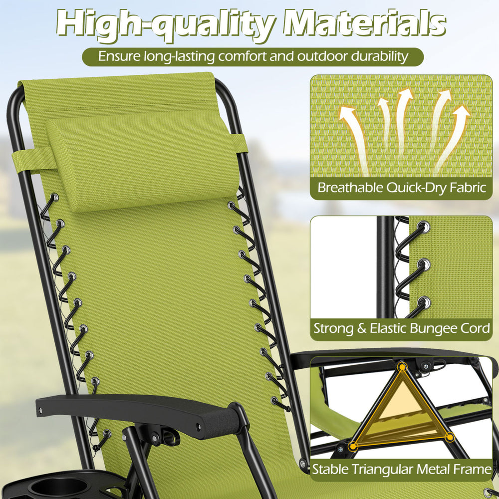 Portable zero gravity chair in green with adjustable pillow, cup holder tray, and breathable quick-dry fabric for.