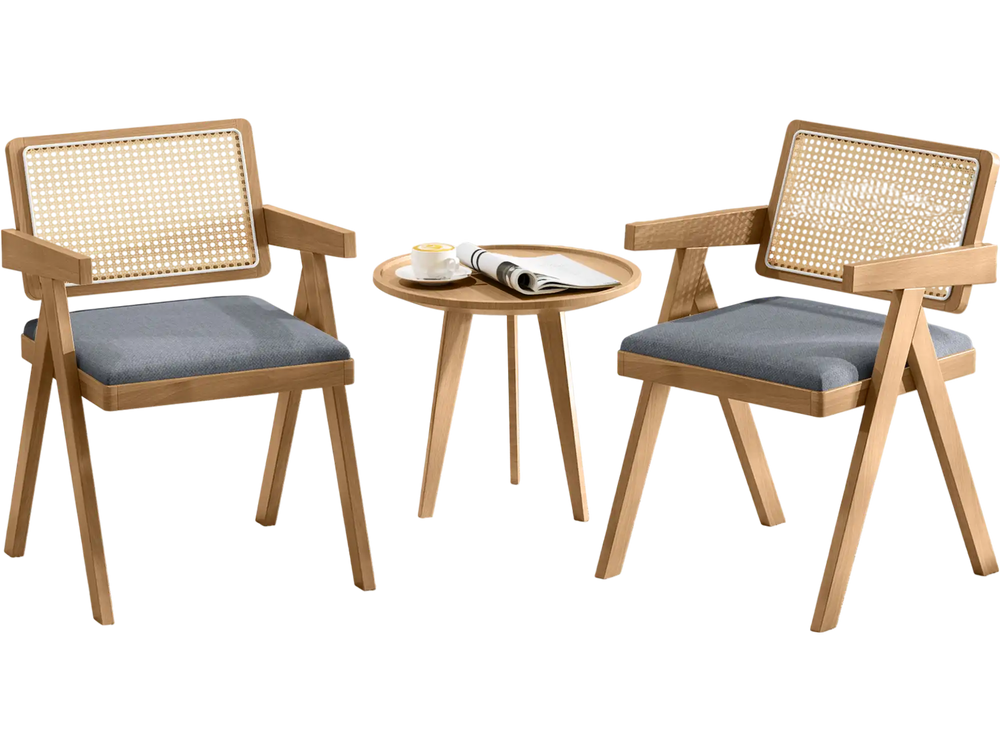 Set of 2 gray rattan accent chairs with padded cushions and rubber wood frames, perfect for dining or living room decor.