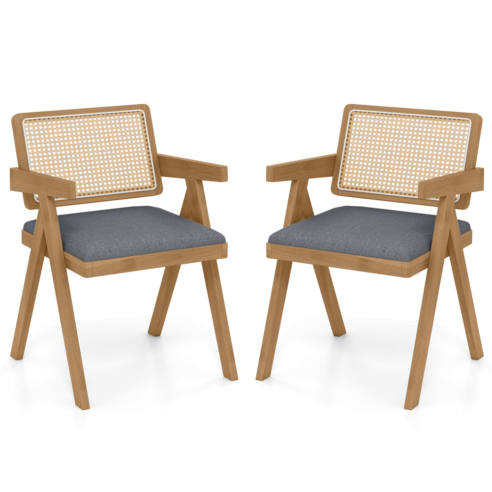Set of 2 gray rattan accent chairs with padded cushions and rubber wood frame, perfect for dining or living room decor.