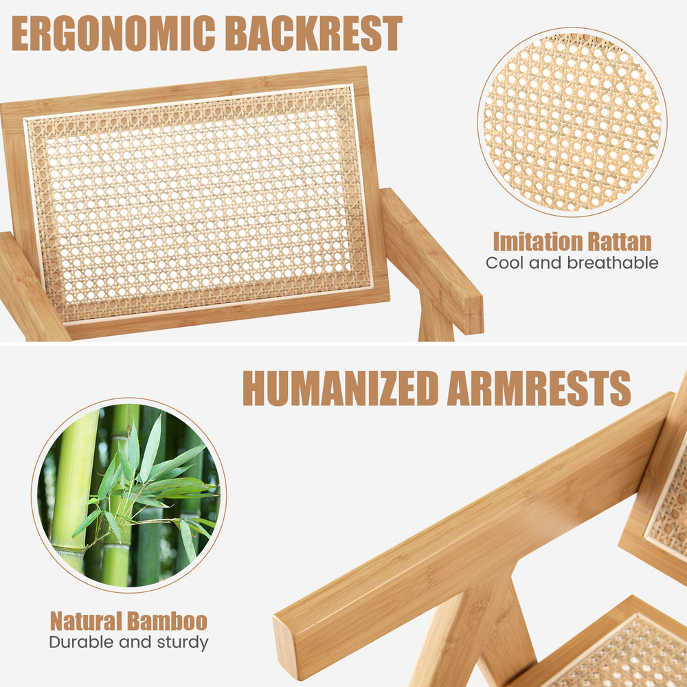 Ergonomic backrest and imitation rattan detail of a set of 2 accent chairs with a natural bamboo frame for cozy seating.