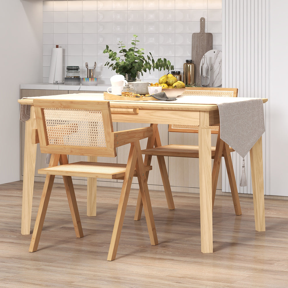 Set of 2 natural bamboo frame accent chairs with cozy backrest, ideal for kitchen or dining room relaxation.