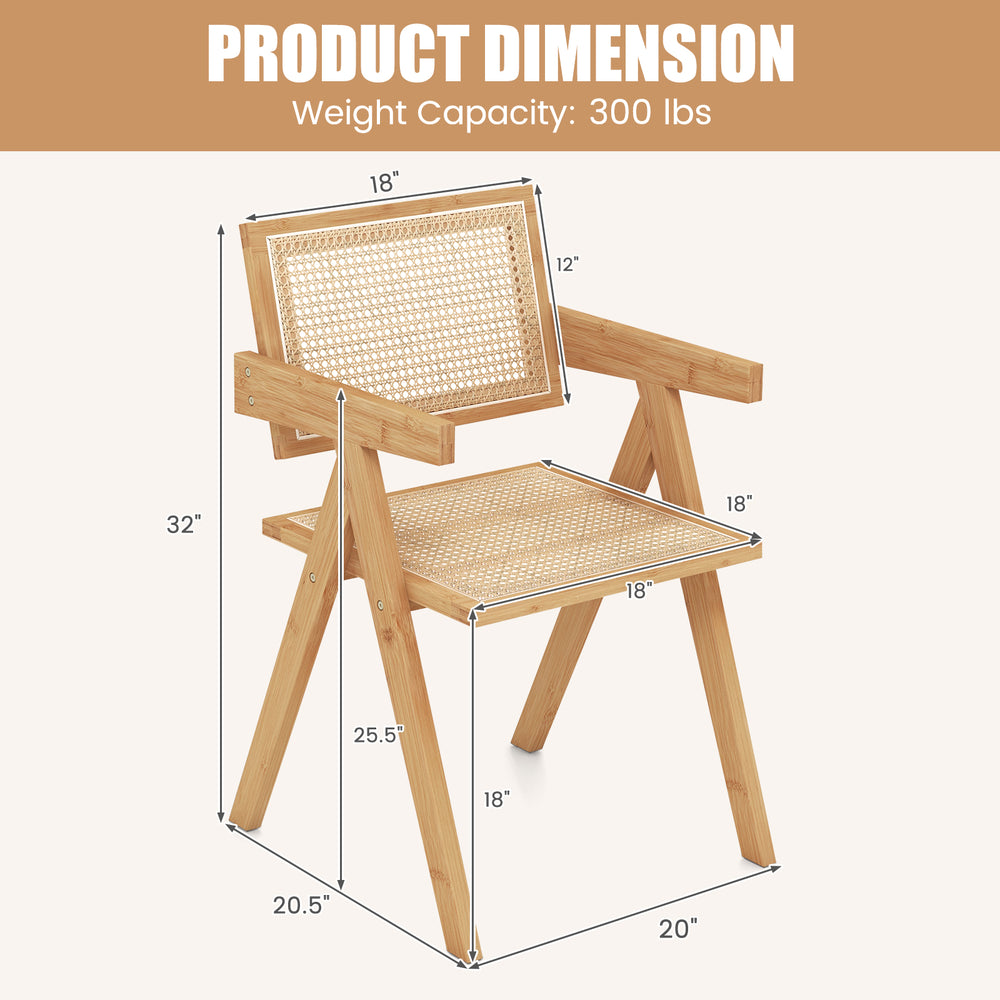 Dimensions of a rattan accent chair with a natural bamboo frame, featuring a cozy design for kitchen or living room use.