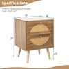 Rattan nightstand with two drawers and solid wood legs, featuring a charming bohemian design for cozy bedroom storage.