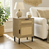 Rattan nightstand with drawer and storage cabinet, featuring a natural finish and metal legs, perfect for bedroom use.