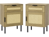 Set of 2 natural rattan nightstands with drawers and storage cabinets, featuring metal legs for stability and modern design.