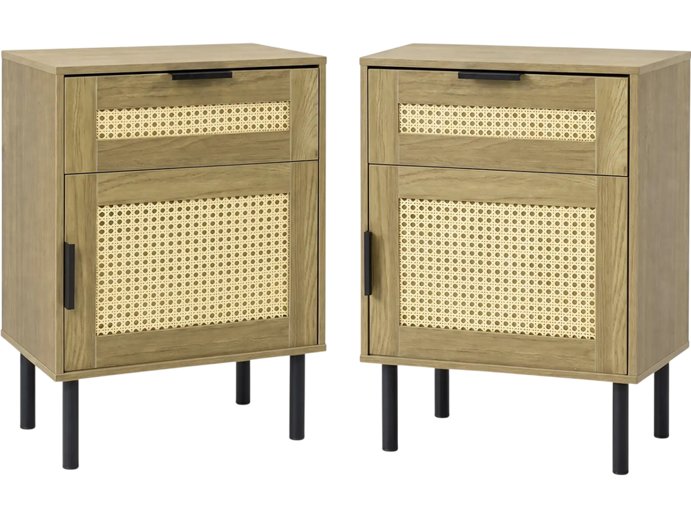 Set of 2 natural rattan nightstands with drawers and storage cabinets, featuring metal legs for stability and modern design.