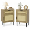 Set of 2 natural rattan nightstands with drawers and storage cabinets, perfect for bedroom or dorm use.