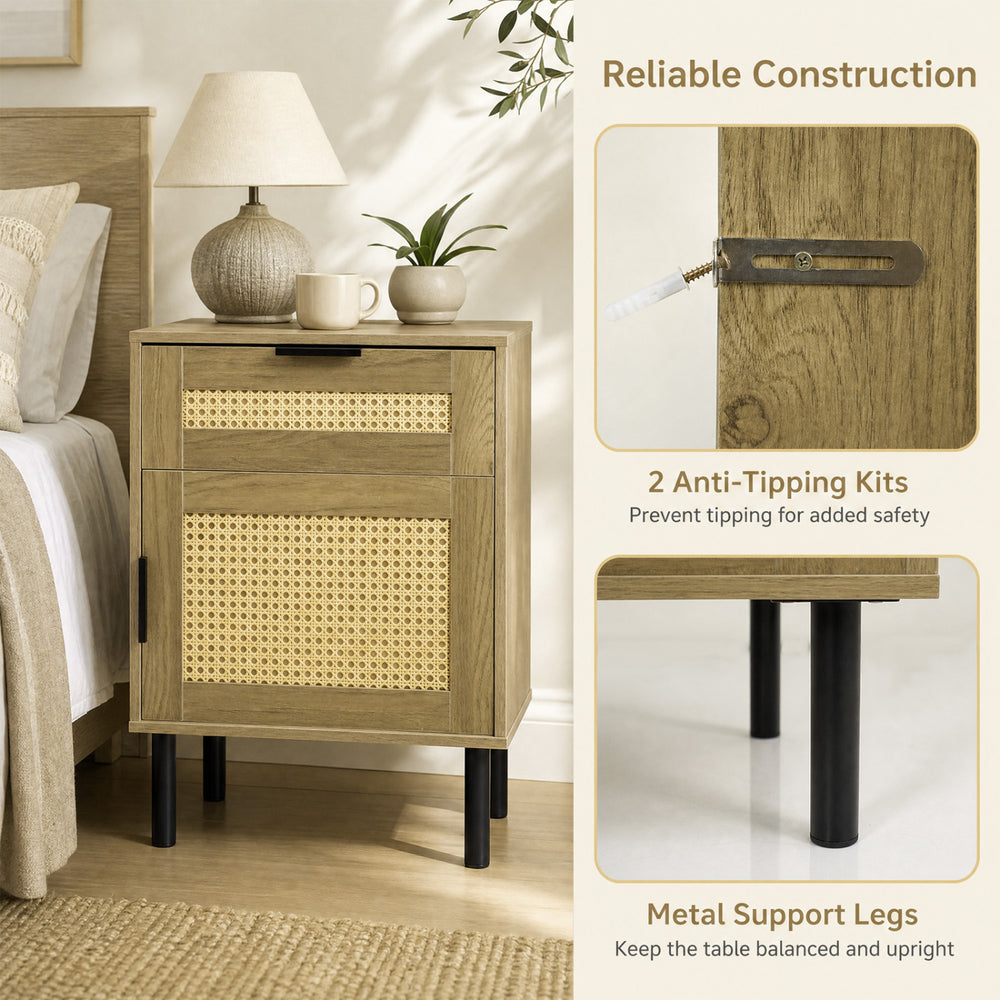 Rattan nightstand with drawer and cabinet, featuring metal support legs and anti-tipping kits for bedroom safety.