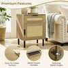 Rattan nightstand with drawer and storage cabinet features a natural finish, metal handles, and easy-to-clean surface for bedrooms.