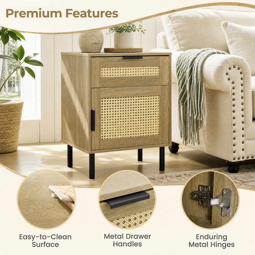 Rattan nightstand with drawer and storage cabinet features a natural finish, metal handles, and easy-to-clean surface for bedrooms.
