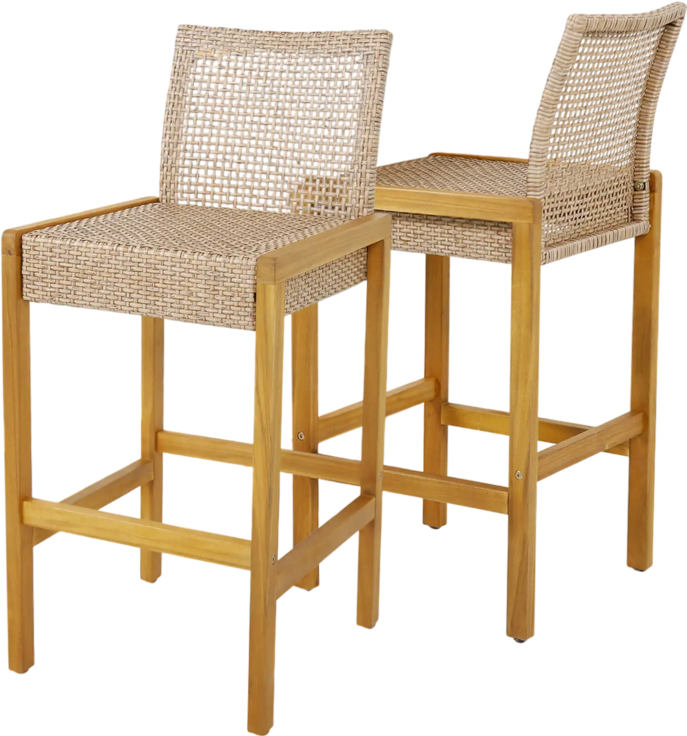 Set of 2 rattan patio barstools with acacia wood frame, featuring backrests and footrests for comfort in outdoor dining.