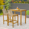 Set of 2 acacia wood barstools with PE rattan seats, perfect for outdoor dining on a patio or balcony.