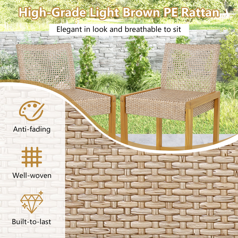 Set of 2 light brown PE rattan patio barstools with acacia wood frame, perfect for indoor or outdoor dining.