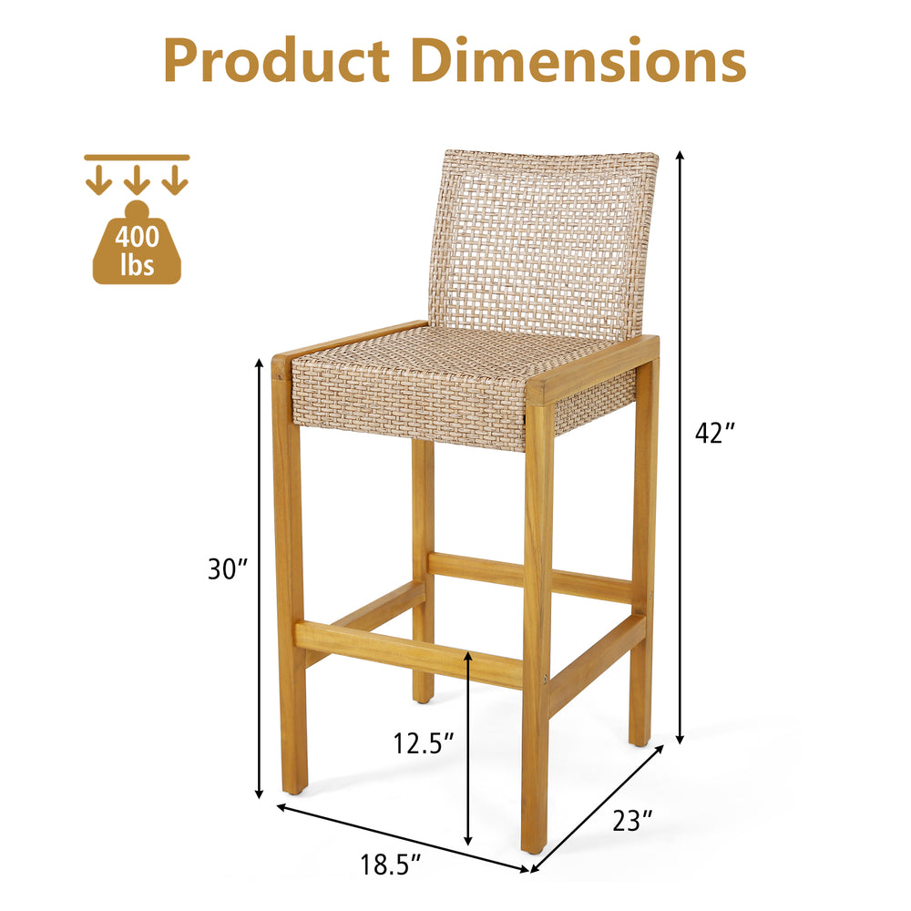 Rattan patio barstool with acacia wood frame, 42" height, ergonomic seat, suitable for indoor and outdoor use.