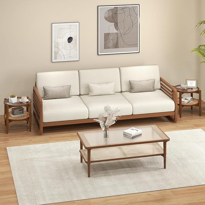 Rattan round side end table with tempered glass top and acacia wood legs, ideal for living room or bedroom use.