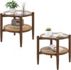 Rattan round side end table set with acacia wood legs and tempered glass top, ideal for living room or bedroom use.