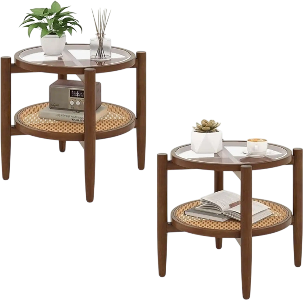 Rattan round side end table set with acacia wood legs and tempered glass top, ideal for living room or bedroom use.