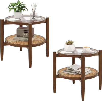 Costway Set of 2 Rattan Round Side End Tables w/ Tempered Glass 83060610 New