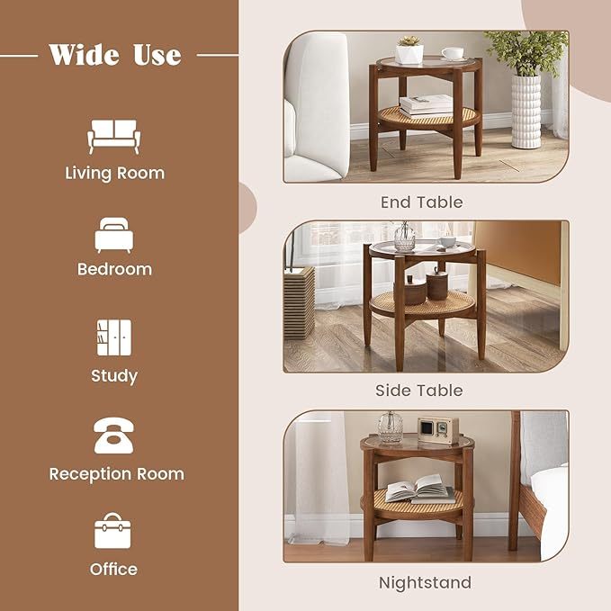 Rattan round side end table with tempered glass top and acacia wood legs, perfect for living room or bedroom use.