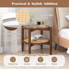 Round side end table with tempered glass top, PE rattan, and acacia wood legs for stylish 2-tier storage solution.