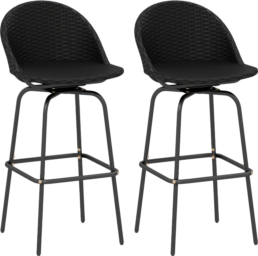 Set of 2 black rattan swivel barstools with curved backs, featuring a heavy-duty metal frame for outdoor relaxation.
