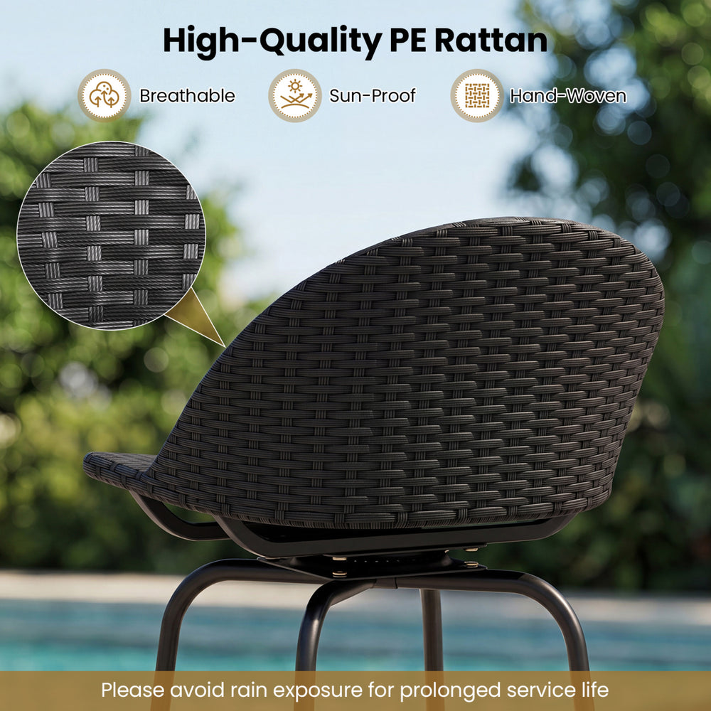 Curved back black rattan swivel barstool features a heavy-duty metal frame and is ideal for backyard or balcony use.