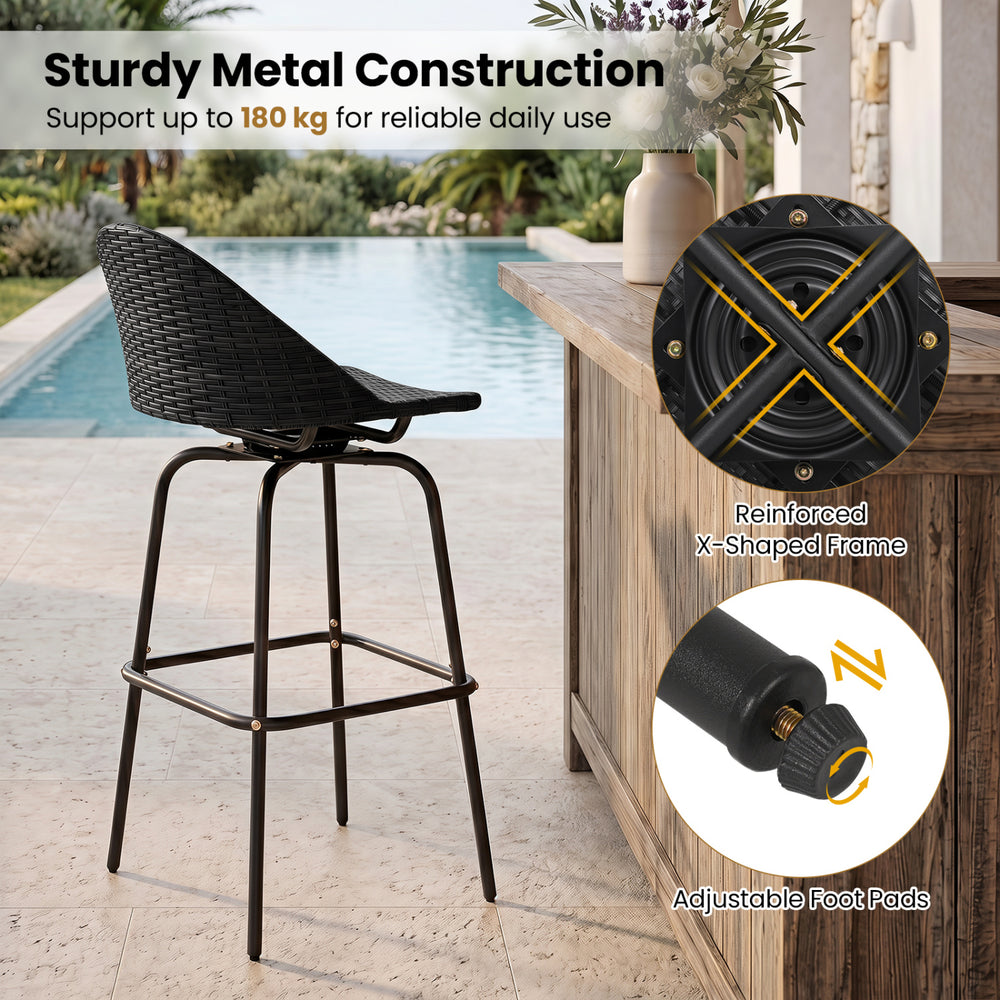 Rattan swivel barstool with curved back and sturdy metal frame, ideal for backyard or balcony relaxation.