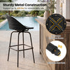 Rattan swivel barstool with curved back and heavy-duty metal frame, designed for comfort and stability in outdoor spaces.