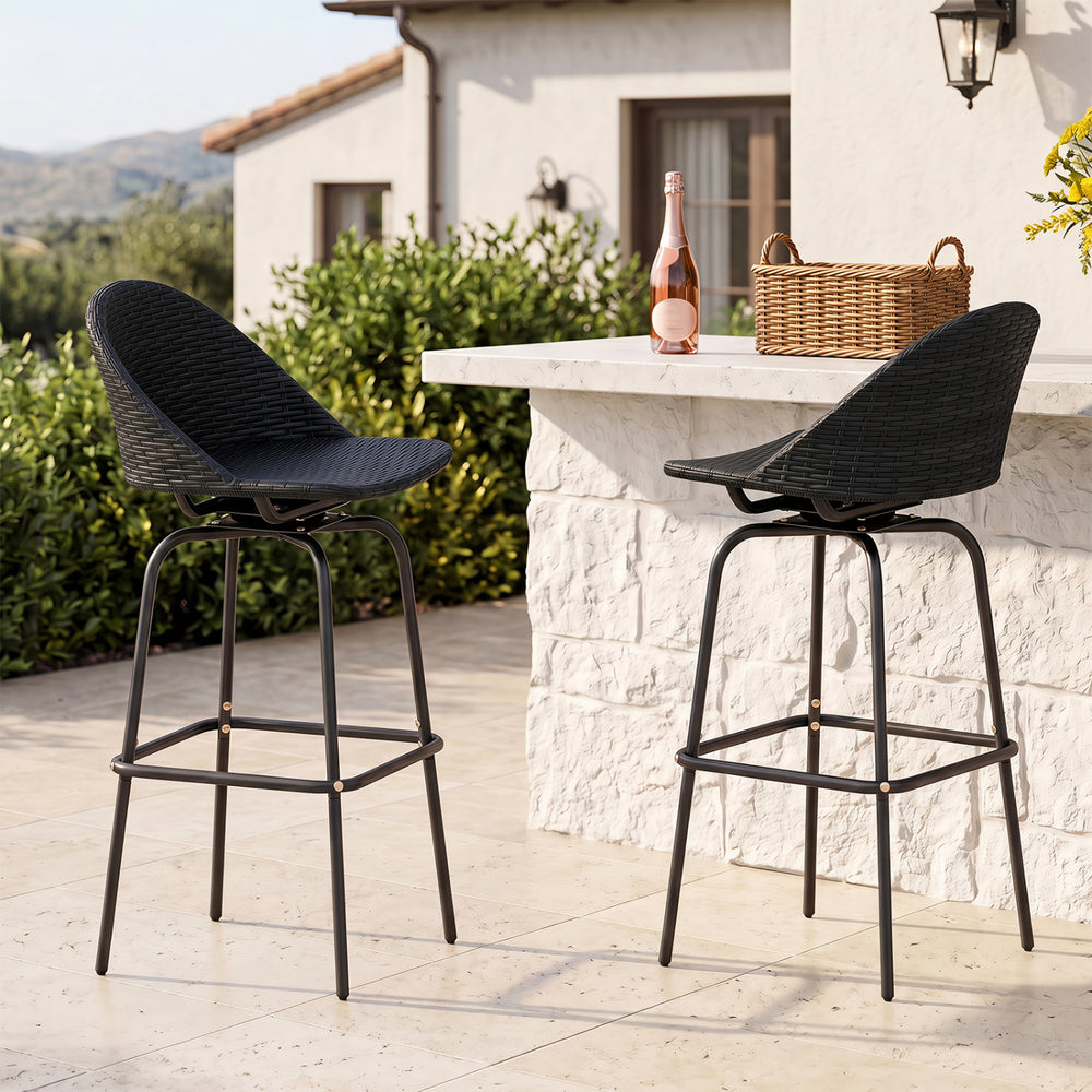 Set of 2 black rattan swivel barstools with curved back, ideal for backyard or balcony relaxation.