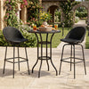 Set of 2 black rattan swivel barstools with curved backs, perfect for backyard or balcony relaxation.