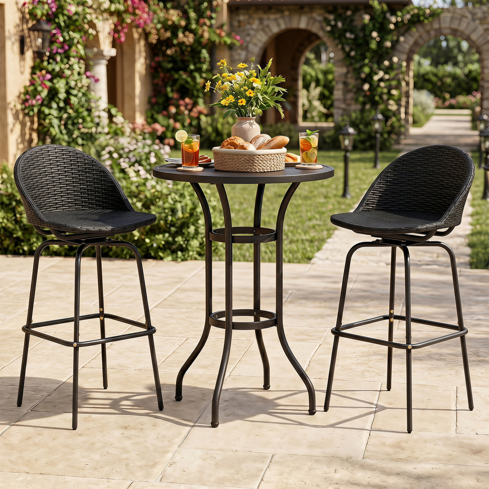 Set of 2 black rattan swivel barstools with curved backs, perfect for backyard or balcony relaxation.
