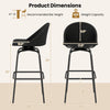 Curved back of the black rattan swivel barstool showcases ergonomic design and heavy-duty metal frame for stability.