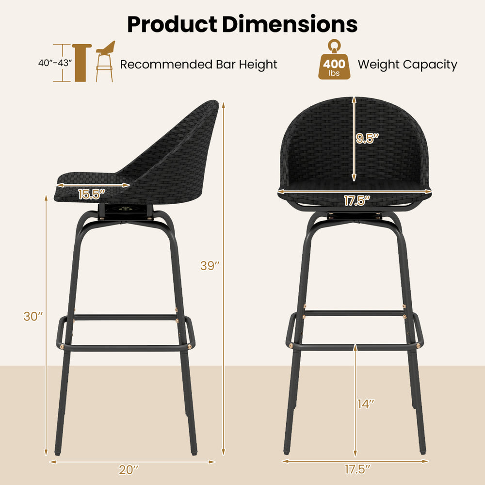 Curved back of the black rattan swivel barstool showcases ergonomic design and heavy-duty metal frame for stability.