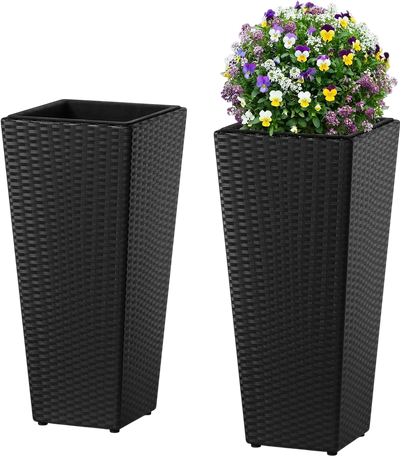 Costway Set of 2 Rattan Tall Plant Pots w/ Detachable Plastic Liners 91008389 New