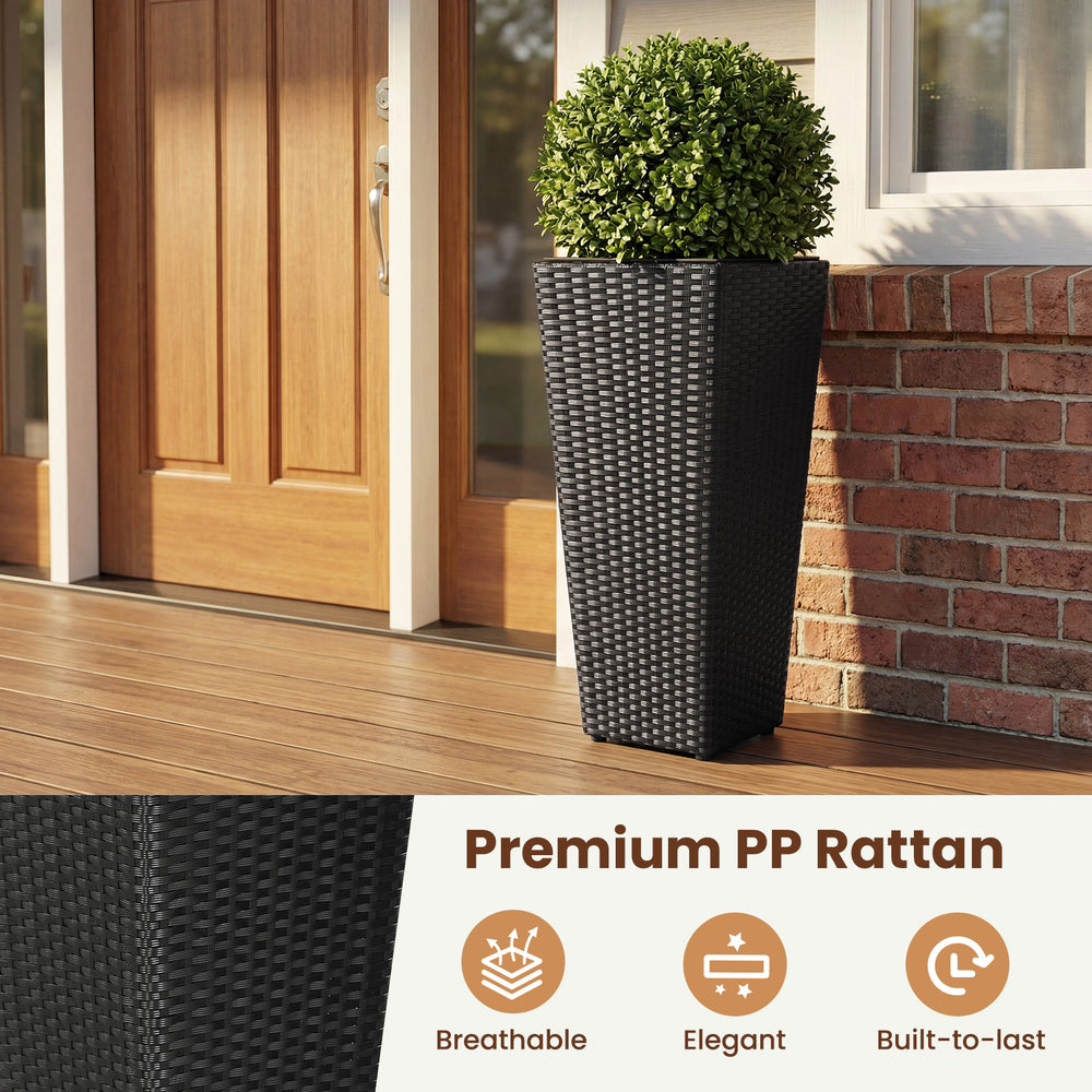 Tall black rattan plant pot with detachable liner, made of breathable PP rattan, ideal for porch or garden use.