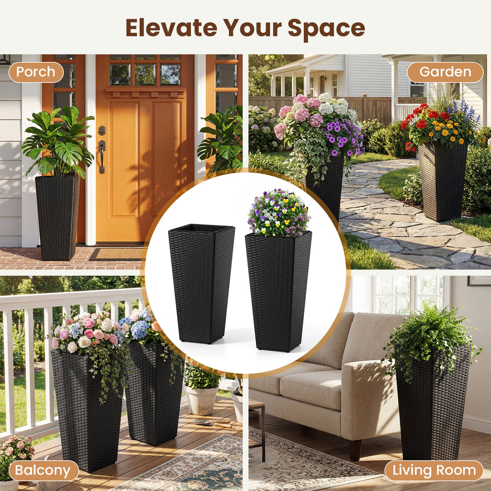 Set of 2 black rattan tall plant pots with detachable liners, ideal for porch, garden, balcony, and indoor use.