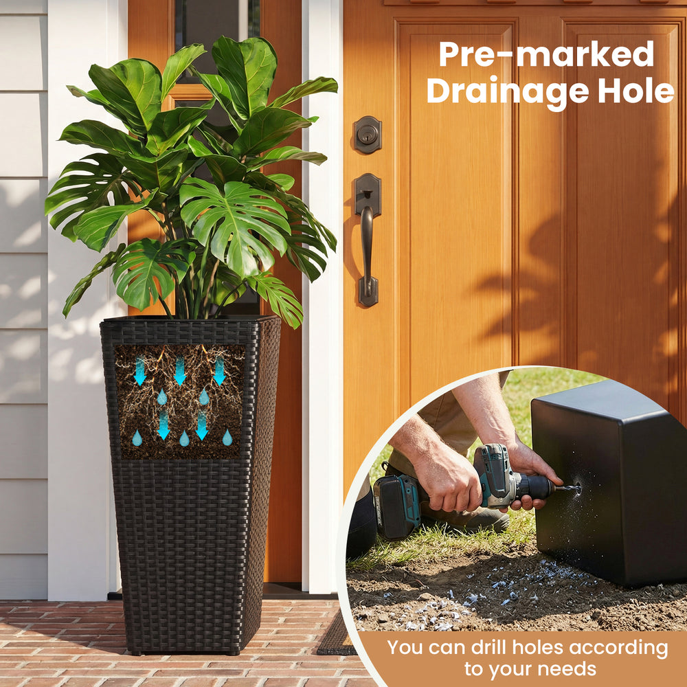Rattan tall plant pot with detachable liner, featuring pre-marked drainage holes, ideal for porch or balcony use.
