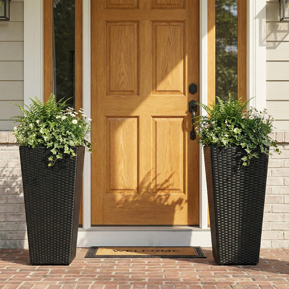 Set of 2 Rattan Tall Plant Pots with Detachable Plastic Liners-Black - Gallery View 1 of 11