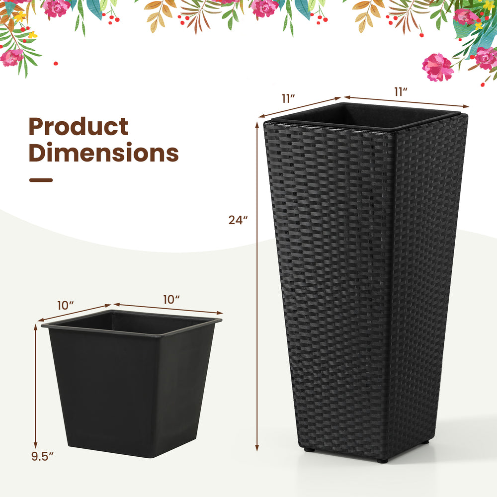 Set of 2 black rattan tall plant pots with detachable liners, featuring dimensions for easy placement in gardens or.