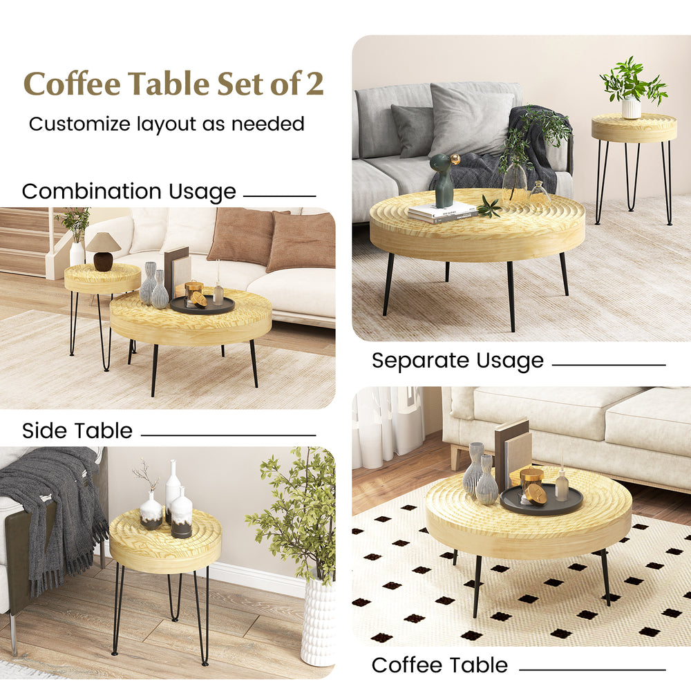 Set of 2 solid wood farmhouse round coffee tables with natural finish, versatile for living room or bedroom use.