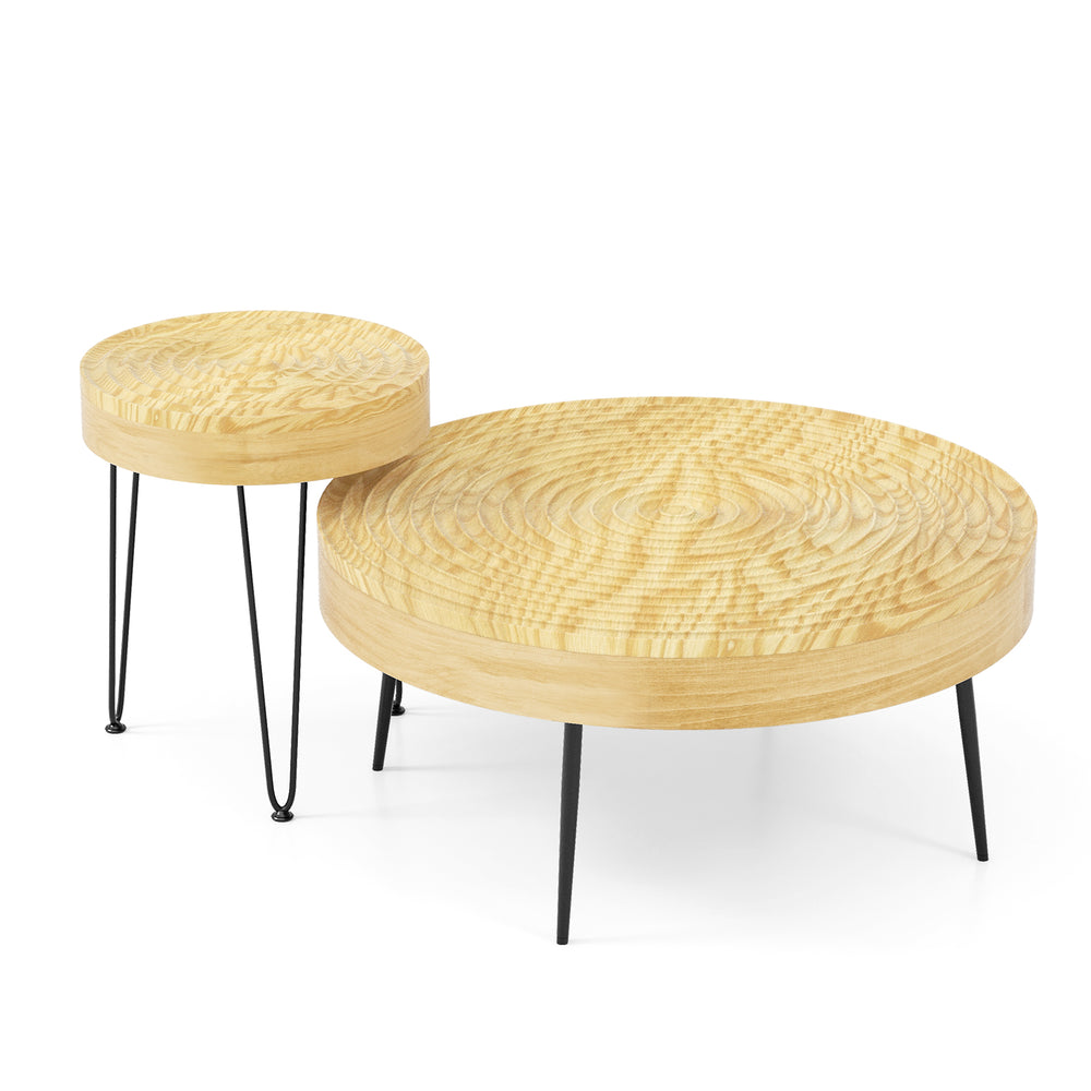 Set of 2 solid wood farmhouse round coffee tables with natural finish and rustproof metal legs for versatile use.