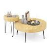 Set of 2 round coffee tables in natural solid pine wood with metal legs, ideal for living room or bedroom decor.
