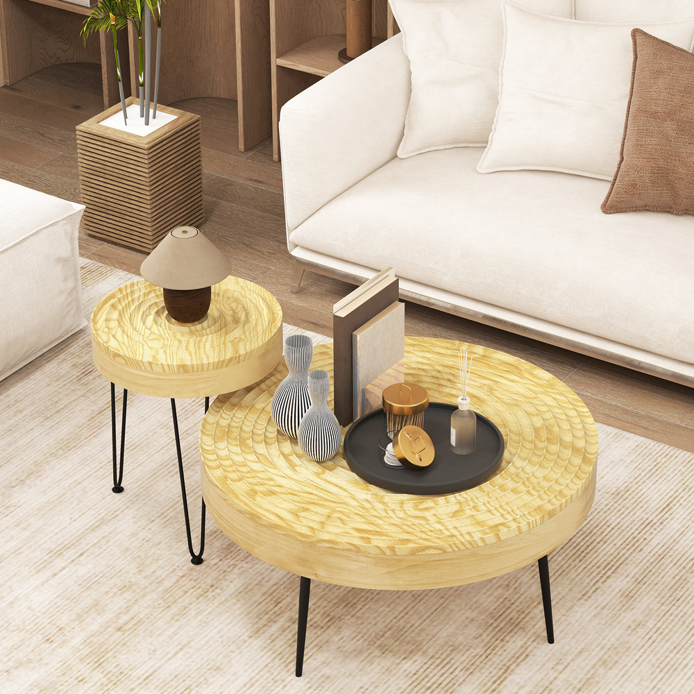 Set of 2 solid wood farmhouse round coffee tables with natural finish, featuring unique ripple patterns and sturdy.