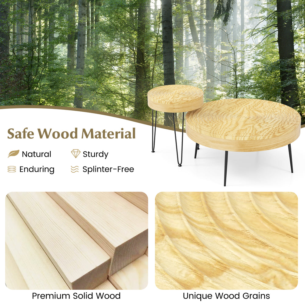 Set of 2 solid wood farmhouse round coffee tables with natural finish, featuring unique ripple patterns for versatile.