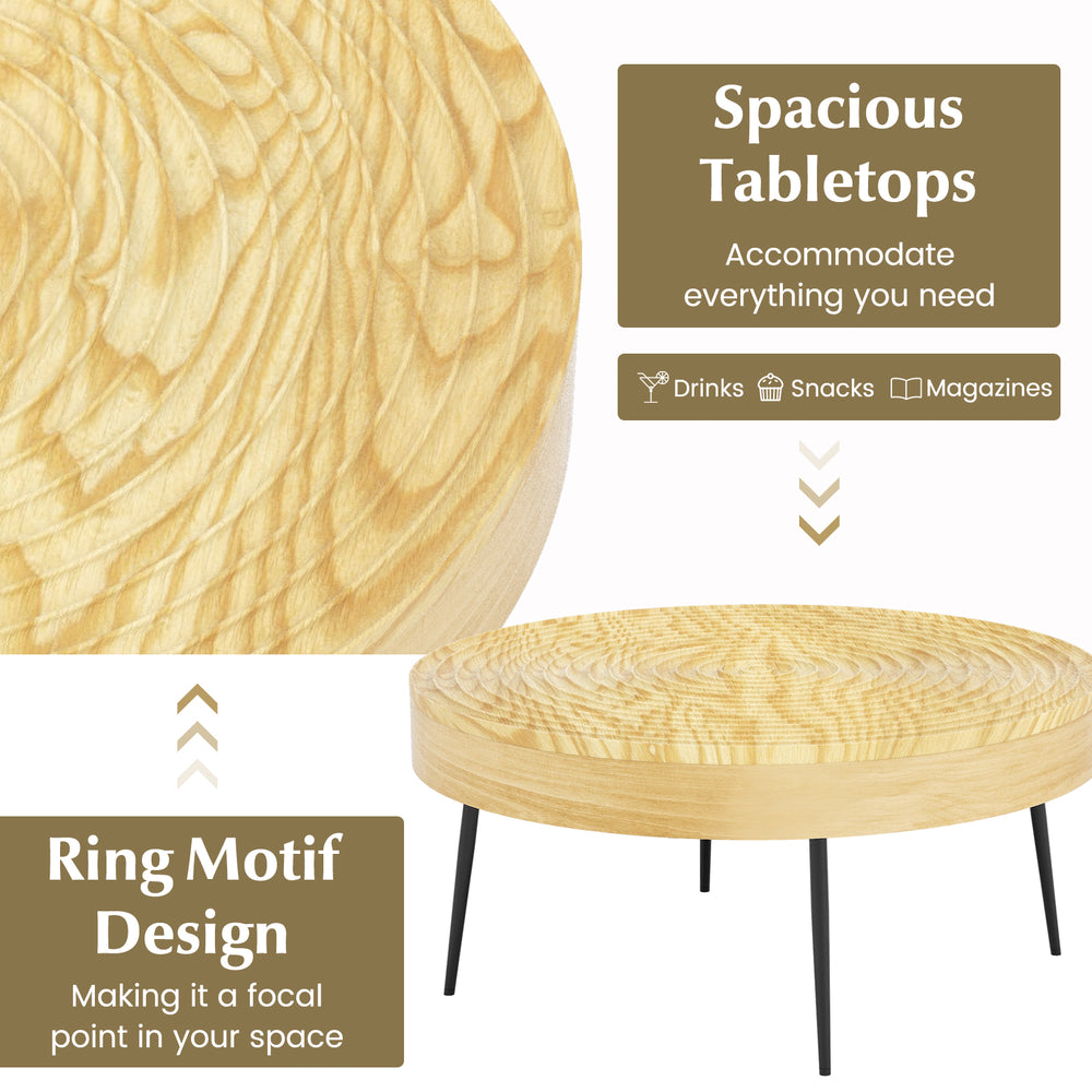 Round coffee table set featuring solid pine wood tops with a unique ripple pattern, perfect for living room or lounge.