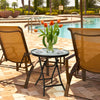Round patio side table with tempered glass top, featuring a black powder-coated metal frame for indoor and outdoor use.