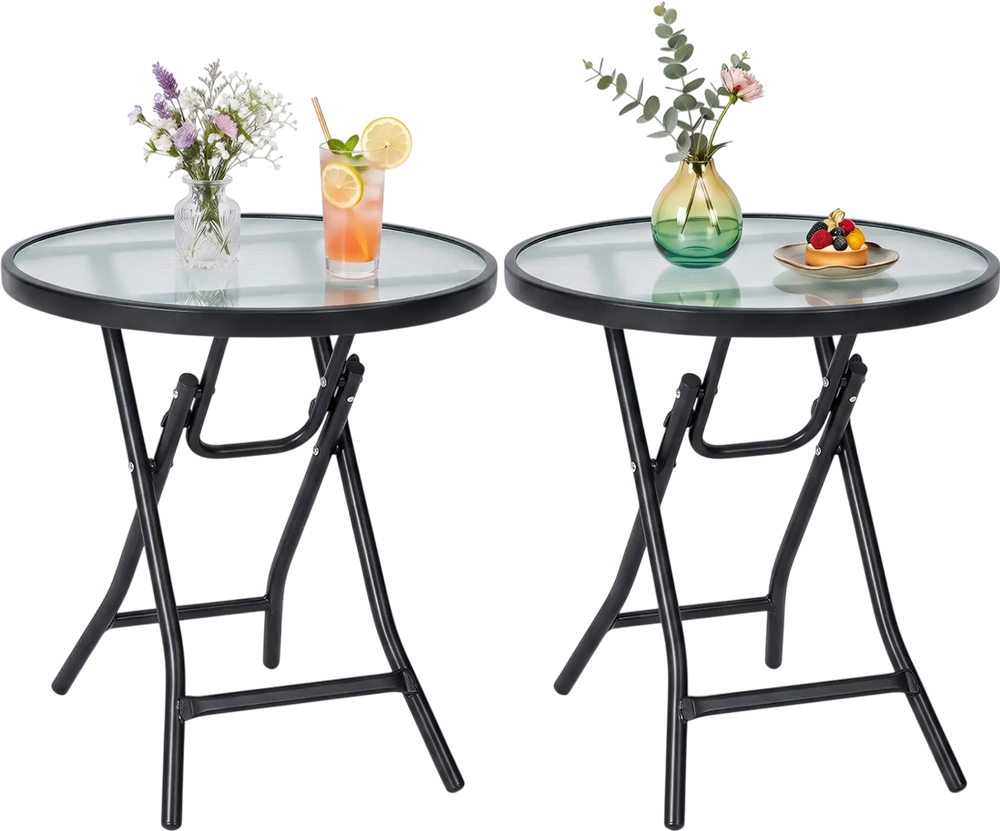 Set of 2 round patio side tables with tempered glass tops, featuring a black powder-coated metal frame for indoor and outdoor use.
