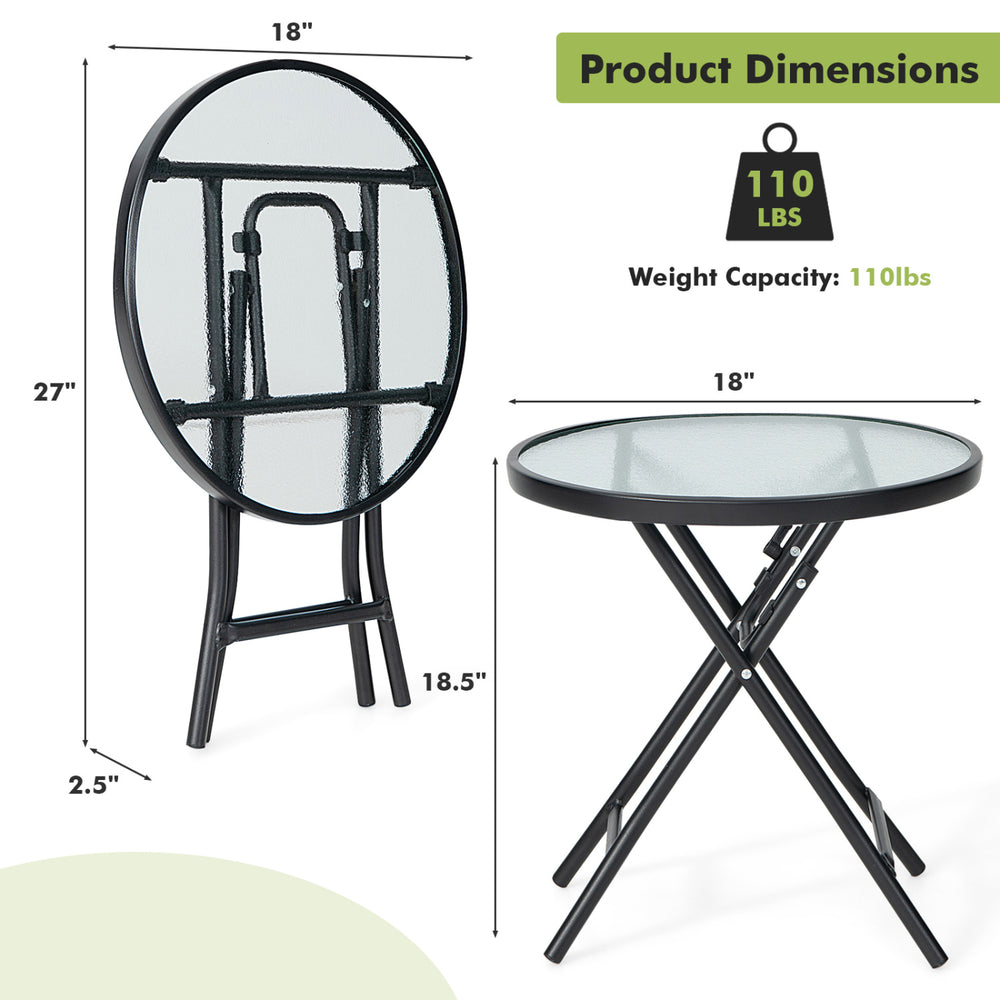 Round patio side table with tempered glass top and powder-coated metal frame, folds for easy storage and supports 110 lbs.