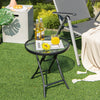 Round patio side table with tempered glass top, black powder-coated metal frame, ideal for indoor and outdoor use.
